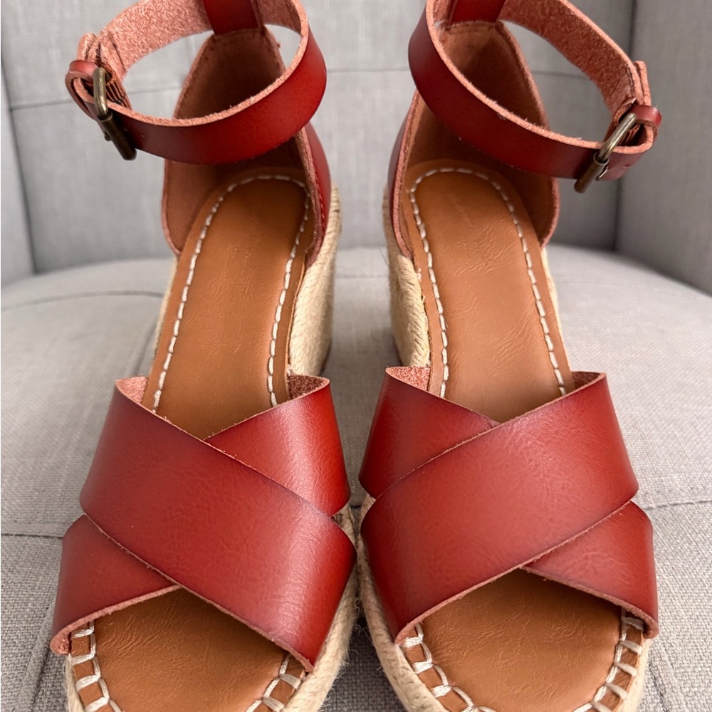 New Cognac Leather Wedge Sandals